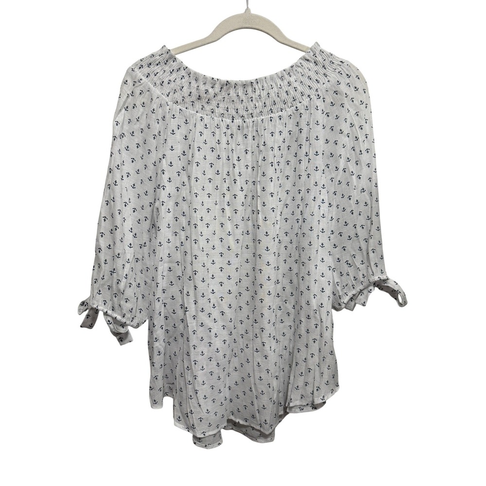 Counterparts Womens XL White Navy Anchor Print Smocked Off Shoulder Blouse Top